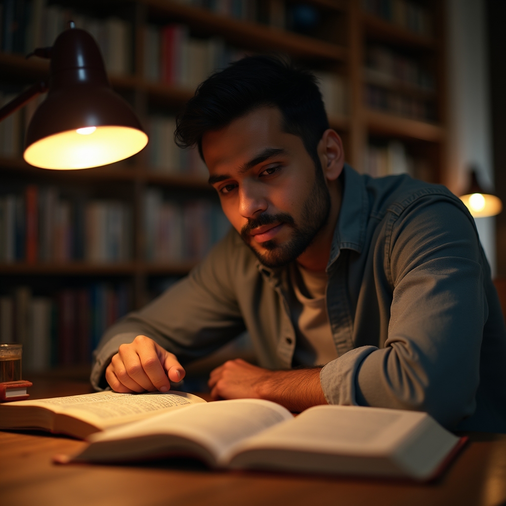 Person liest in einer Bibliothek ein Buch über wirtschaftliche Themen