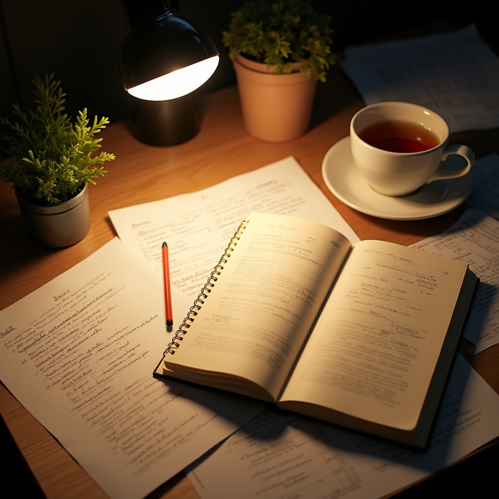 Schreibtisch mit Notizen und Materialien zu wirtschaftlichen Themen