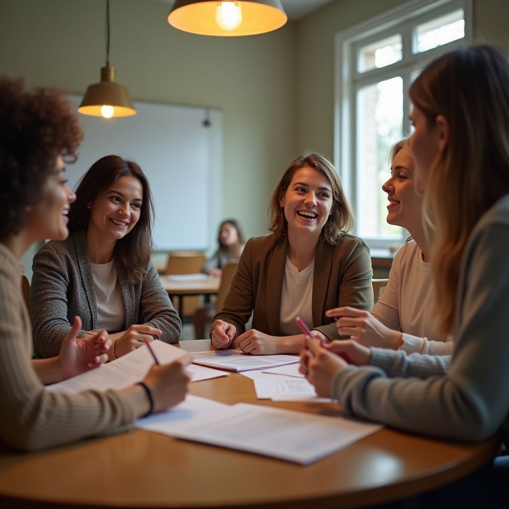 Erwachsene Lernende sitzen gemeinsam an einem Tisch und diskutieren Lernmaterial